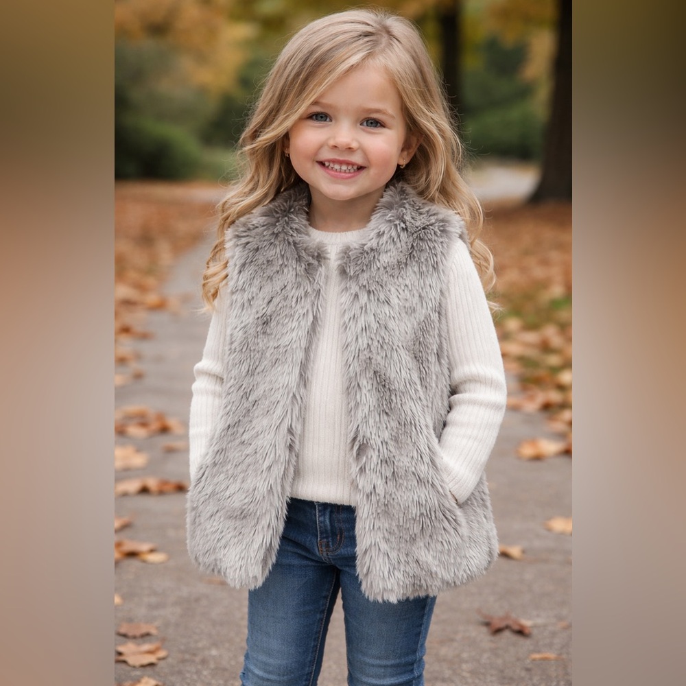 Girls Gray Faux Fur Vest | Soft Plush Sleeveless Jacket | Winter Layering Piece